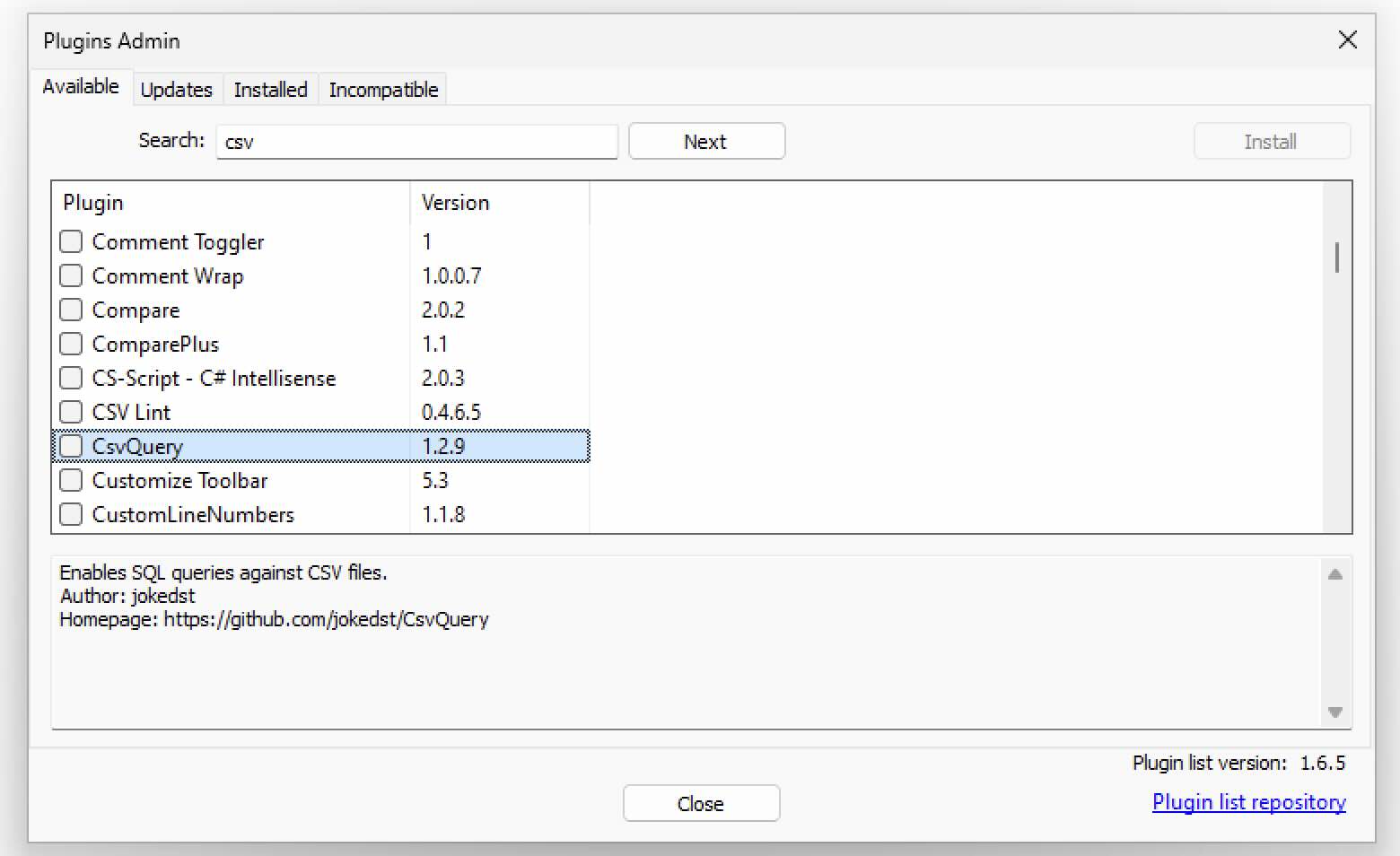 CSV Query Plugin for Notepad++